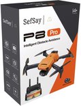 Doos van SefSay P8 Pro drone. Oranje drone en controller afgebeeld. "Intelligent Obstacle Avoidance" staat erop.