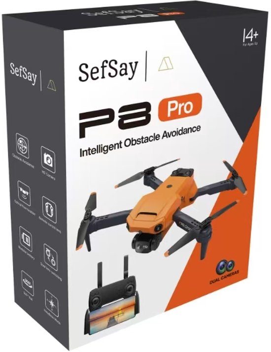 Doos van SefSay P8 Pro drone. Oranje drone en controller afgebeeld. "Intelligent Obstacle Avoidance" staat erop.