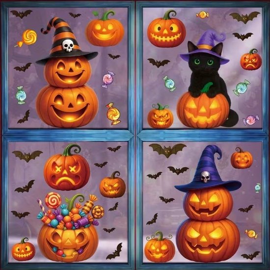 Autocollants pour fenêtres d'Halloween K&R Ventures® – Set de 46 pièces – Autocollants double face noirs – Décoration de fenêtre d'Halloween réutilisable et amovible – Pour Fenêtres, Portes et Miroirs – Décoration effrayante