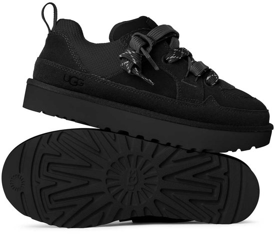 Zwarte UGG LO Lowmel sneaker, opengewerkt om de zool met profiel te tonen.