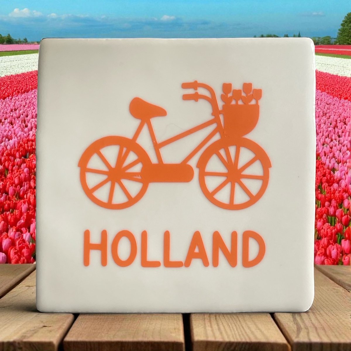 Hip Tegeltje met afbeelding-Holland fiets-Wit-Afbeelding-Cadeau-Geschenk-Gift-Kado-Emigratie-Zomaar