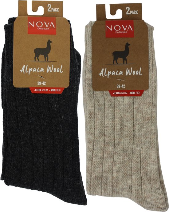 Collection Nova - Laine d'alpaga Premium - Grijs/ Beige - Chaussettes en laine d'alpaga - Chaussettes chaudes - Chaussettes d'hiver - Chaussettes d'intérieur - Chausettes thermique - 2 paires - Taille 39-42