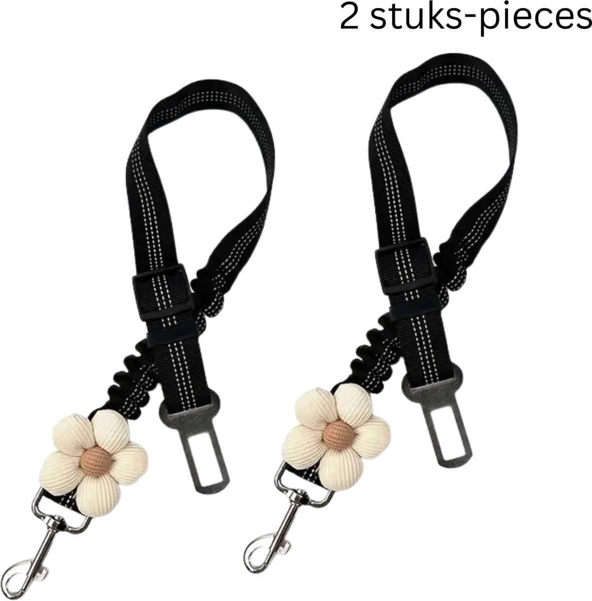 FA-VE Autogordel Hond 2x Zwart – Set van 2 Veiligheidsriemen voor Hond Auto – Verstelbaar & Schokabsorberend – Met Bloem – 58-79 cm