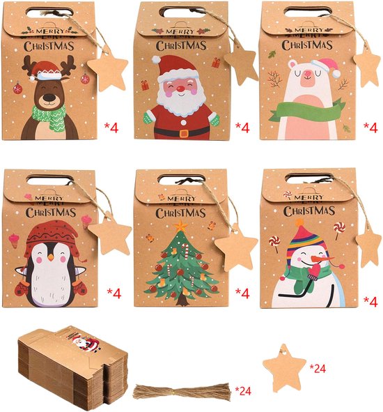 24 sacs en papier - Sacs cadeaux de Noël - Petits sacs de Noël - Boîtes à bonbons de Noël en papier kraft - Boîtes cadeaux de Noël - Avec étiquettes cadeaux de Noël - 10 x 6 x 14 cm