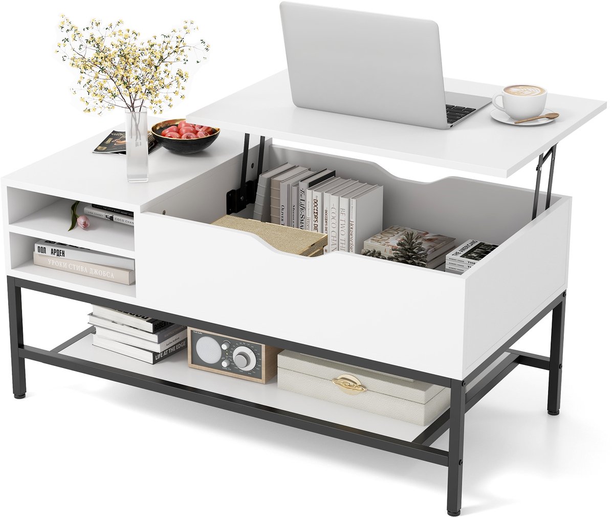 Costway Salontafel met opklapbare plaat, in hoogte verstelbaar, woonkamertafel met verborgen opbergvak en uitneembare plank, uittrekbare banktafel voor thuis, kantoor (wit)
