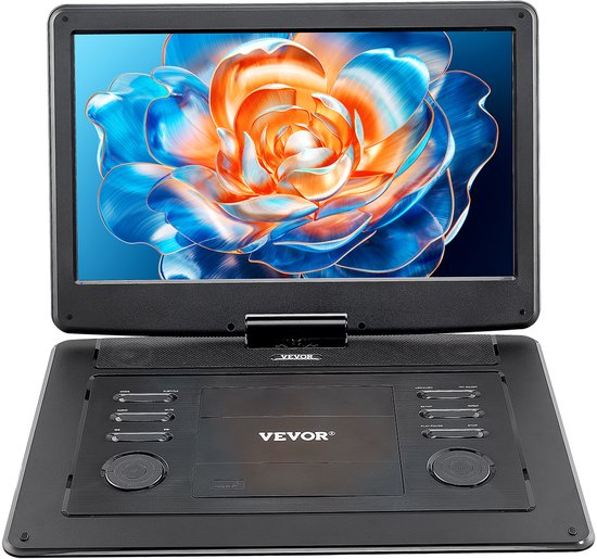 Lecteur DVD portable VEVOR, écran HD rotatif de 15,6 pouces, batterie rechargeable intégrée offrant une autonomie de 4,5 à 5 heures, deux haut-parleurs, compatible TV/USB/carte SD/CD/DVD, chargeur allume-cigare, adaptateur secteur, télécommande