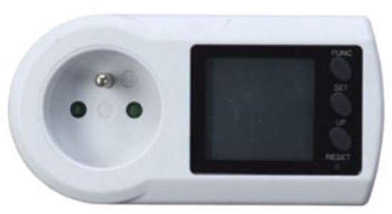 Compteur d'énergie blanc avec prise et écran numérique.