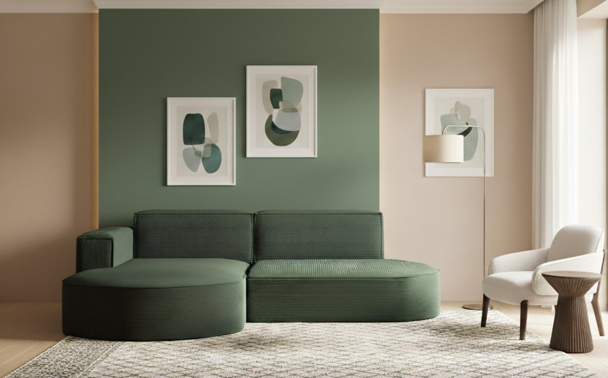 Hoekbank met Slaapfunctie & Opbergruimte – Luxe U-vorm Sofa “Modena Premium Studio” – Dicker Cord Stof Donkergroen – 3-zits – 236x165x78 cm – Moderne Designbank met Bedlade – Links – MedahomeStore