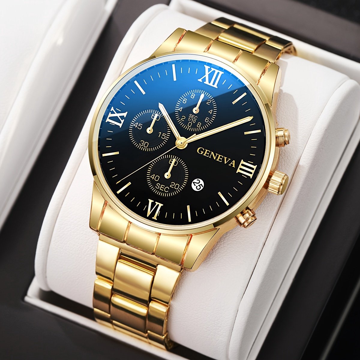 Sjika - Goud Herenhorloge – Modern Chrono Style – Metalen Band – Waterbestendig – Cadeau voor Mannen – Zwart/Gold
