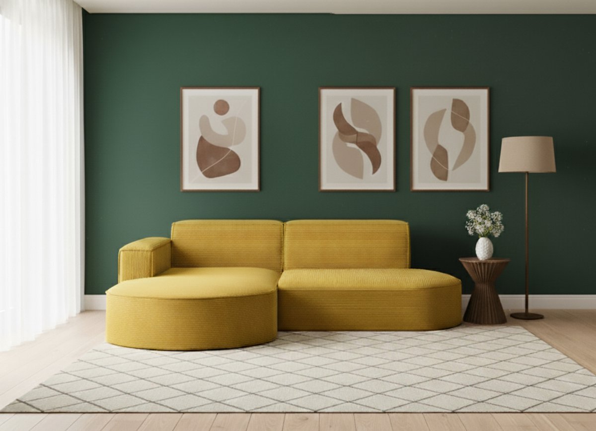 Hoekbank met Slaapfunctie – Luxe L-Vorm Sofa “Modena Premium Studio” – Dicker Cord Stof Geel – 3-zits – 236x165x78 cm – Moderne Gestoffeerde Designbank Links – Opbergruimte & Comfort – MedahomeStore