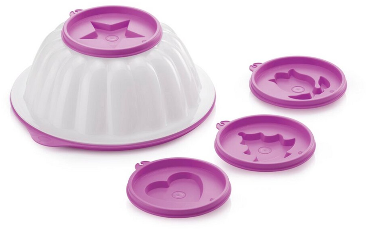 Tupperware vliegende schotel/ Puddingvorm met Klein vormpjes paars