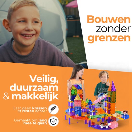 Magna Minds - Magnetic Tiles racebaan - Zelfrijdende auto - Magnetisch Speelgoed – 122 stuks - Constructie speelgoed - Magnetische tegels - Montessori speelgoed - Magnetic toys - Magnetische bouwstenen - Speelgoed Kinderen