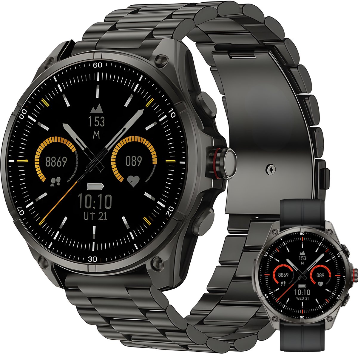 Royal Empire Smartwatch Heren met GPS & Belfunctie – Sporten Zonder Telefoon – 1.43” AMOLED – Hartslag & SpO2 – 5ATM Waterdicht – RVS & TPU Band – Zwart