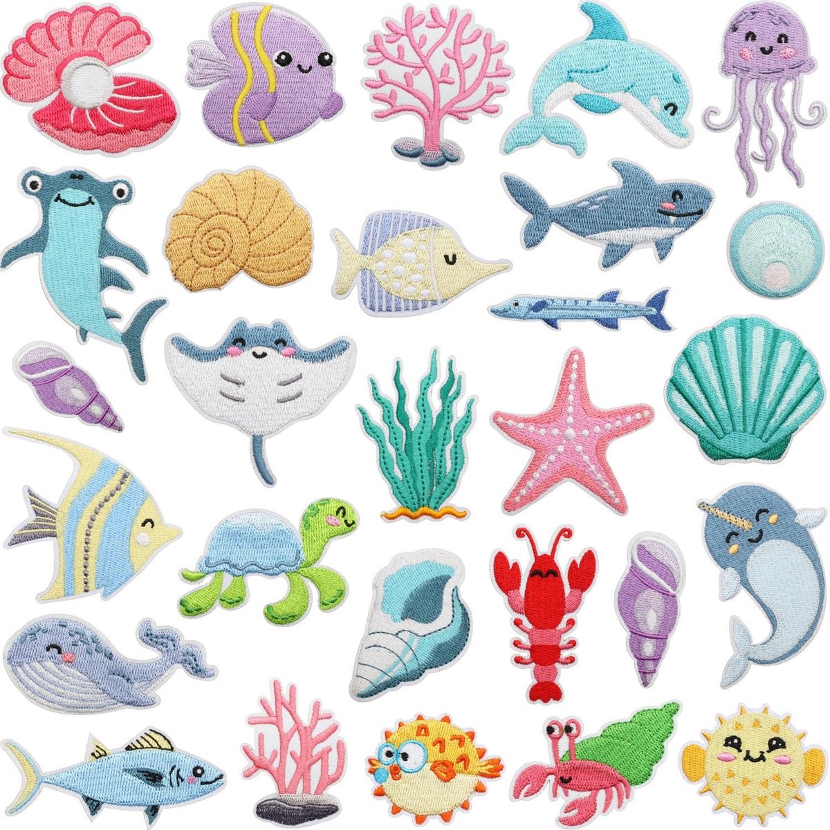 Ynkkvre - Strijkbare Oceaan Patches - 28-delig Set Zeedieren - Kawaii Stijl Gezichtsuitdrukkingen - Ideaal voor Personalisatie en Knutselen - Eenvoudig aan te Brengen