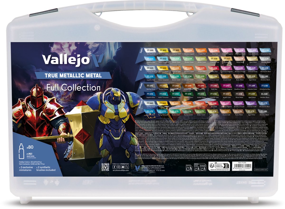 Vallejo Hobbyverf Acrylverf - 77250 True Metallic Metal - Koffer met Volledige Collectie - 2 Miniaturen en 2 Penselen - Acryl - 80x Verf set - 80x 18 ml