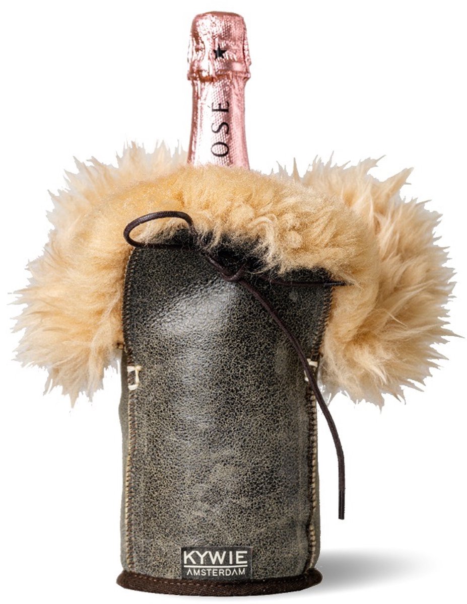 Kywie ® champagnekoeler van schapenvacht – wijnkoeler - 100% natuurlijk – 0,75l – temperatuurbehoudend - geschikt voor champagne, wijn, bourgogne, waterflessen - Vintage Bruin Fluffy
