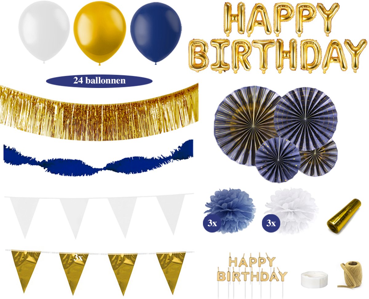 Feest zonder Fratsen - Luxe Verjaardag Versiering Pakket - Slingers en Ballonnen – Blauw, Goud en Wit