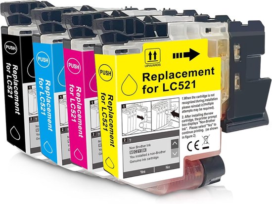 Vier Brother LC521 inktcartridges: zwart, cyaan, magenta, geel. Gekleurde labels met "Replacement for LC521".
