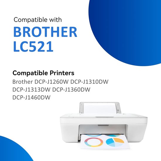 Witte Brother printer met papier eruit. Compatibel met Brother LC521 printers.