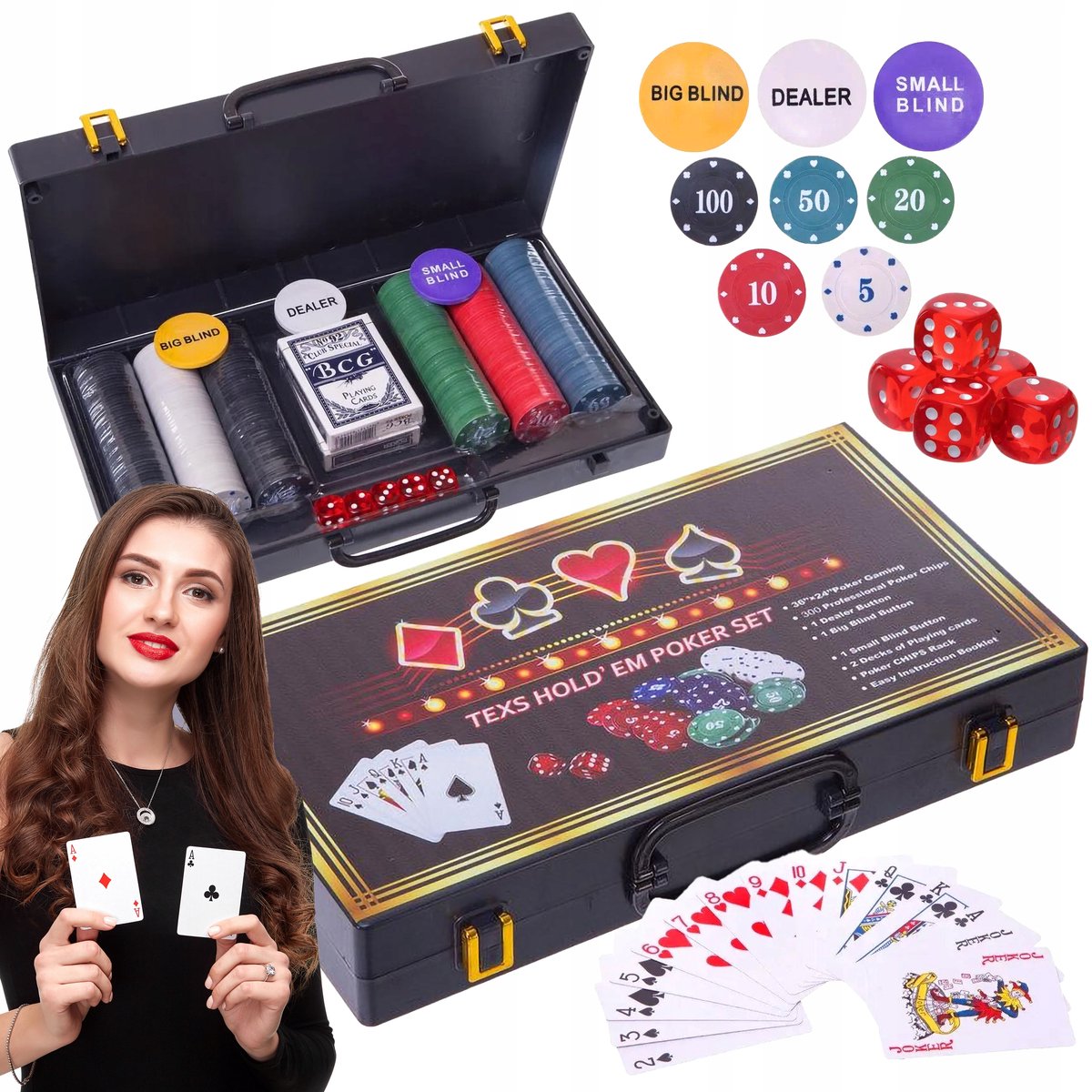 Pokerset Texas Hold'em 300 Chips Koffer Kaarten