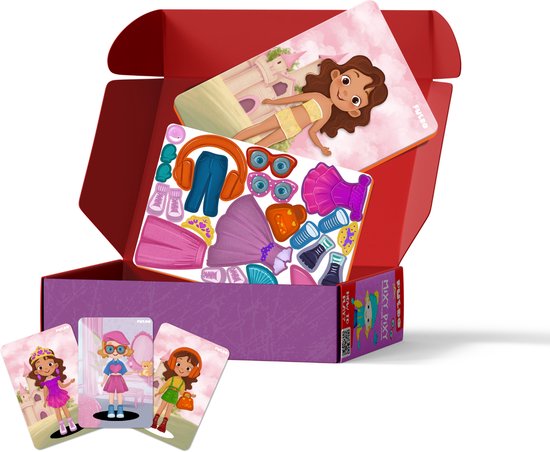 Open doos met magneetspel Mixy Pixy, met speelkaarten en kledingstukken.