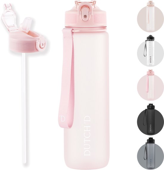 Dutch'D ® - 1 liter Drinkfles - Drinkfles met rietje - Waterfles - Pastel Roze - Drinkfles Volwassenen - Lek Vrij - Cadeau voor haar/hem - Verschillende Drinkflessen en waterflessen - Drinkbeker - Sportfles - Drinkbus