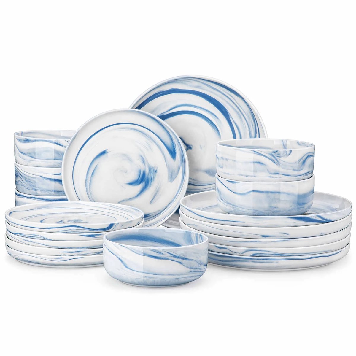 Serviesset - 6 Persoons Servies - Porselein - Dinerborden - Dessertborden - Ontbijtkommen - 18-delige Set - Marmerlook - Wit - Blauw