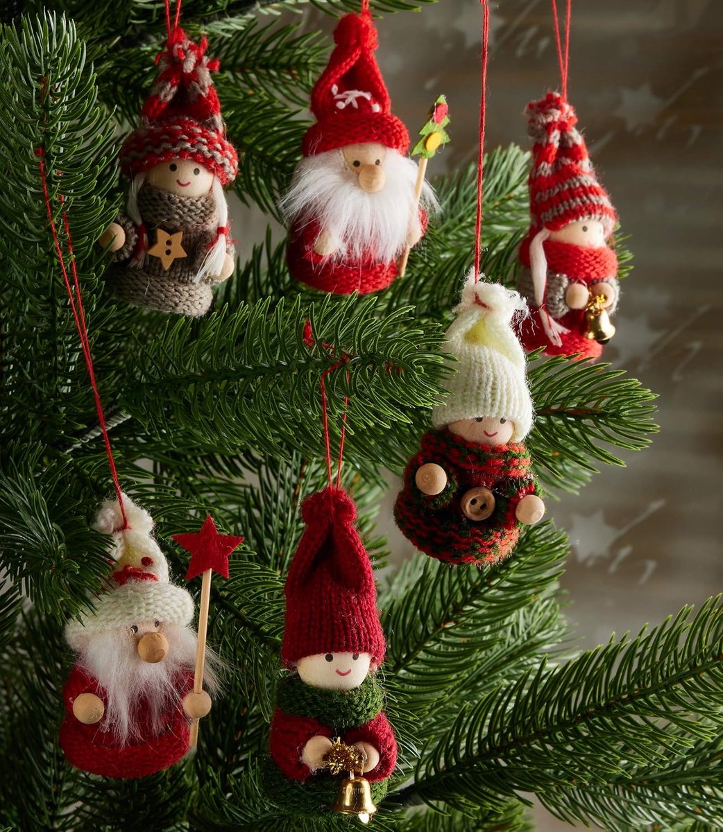 6 stuks Kerstboom Hangornament – Gebreide Elfjes & Houten Figuren – Ornamenten met Haken – 8 cm Hoog