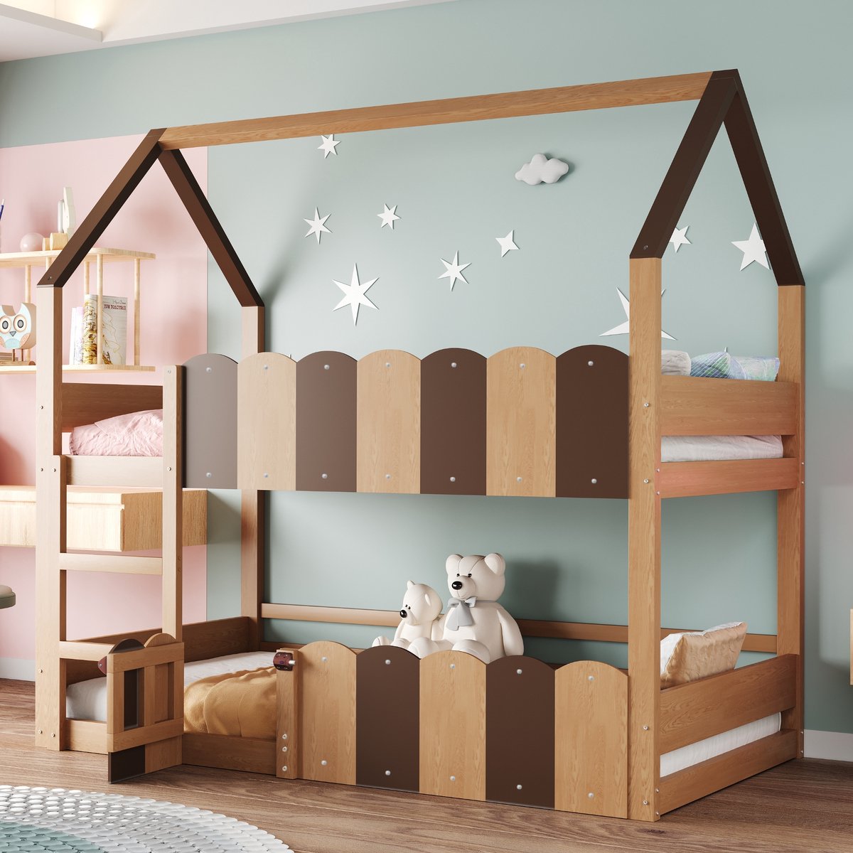 Sweiko Hoogslaper - 90 x 200 cm - Huisontwerp - Kinderbed - Veiligheidshekken - Bruin
