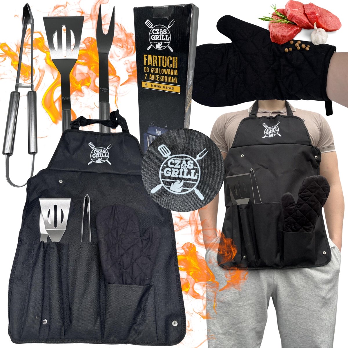 Grillset met Schort: 5-delige RVS Keukengerei & Hittebestendige Handschoenen