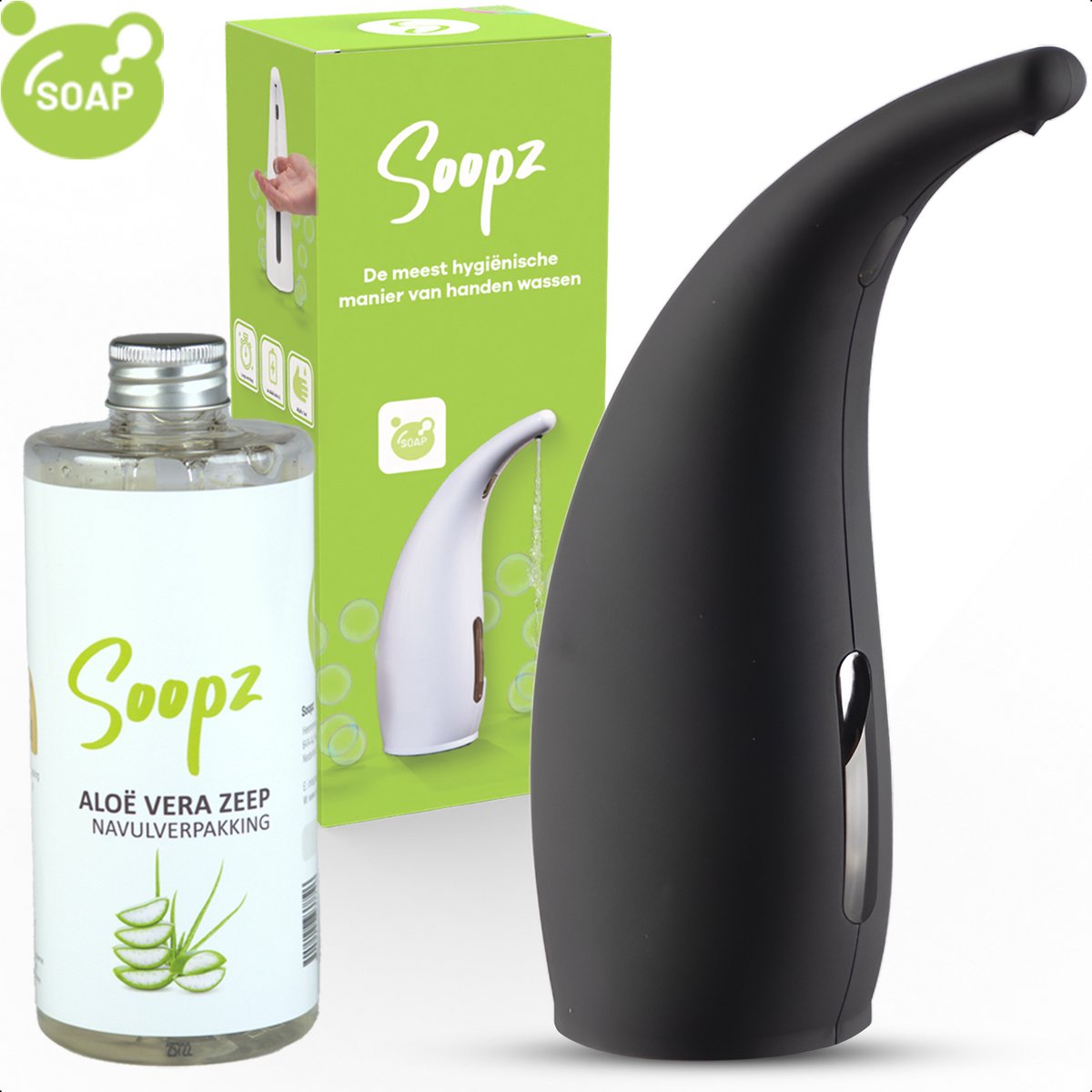 Soopz Automatische Zeepdispenser – Mat Zwart – Black Graphite Classic – Zeeppompje met Bewegingssensor – Met Aloë Vera Zeep