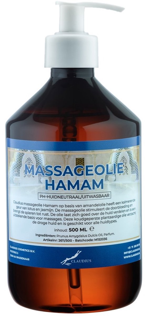 Massageolie Hamam 500 ml met witte pomp - 100% natuurlijk - biologisch en koud geperst