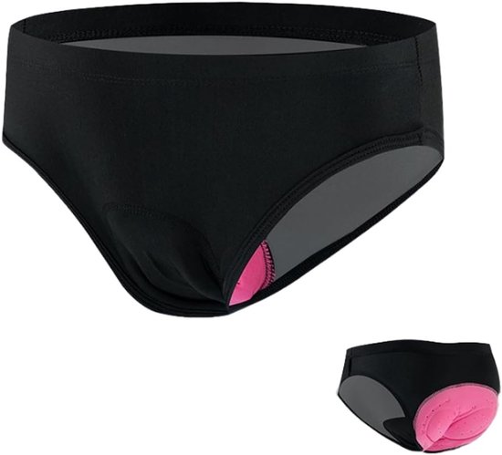 Culotte de cyclisme noire avec rembourrage rose, montrée sous différents angles.