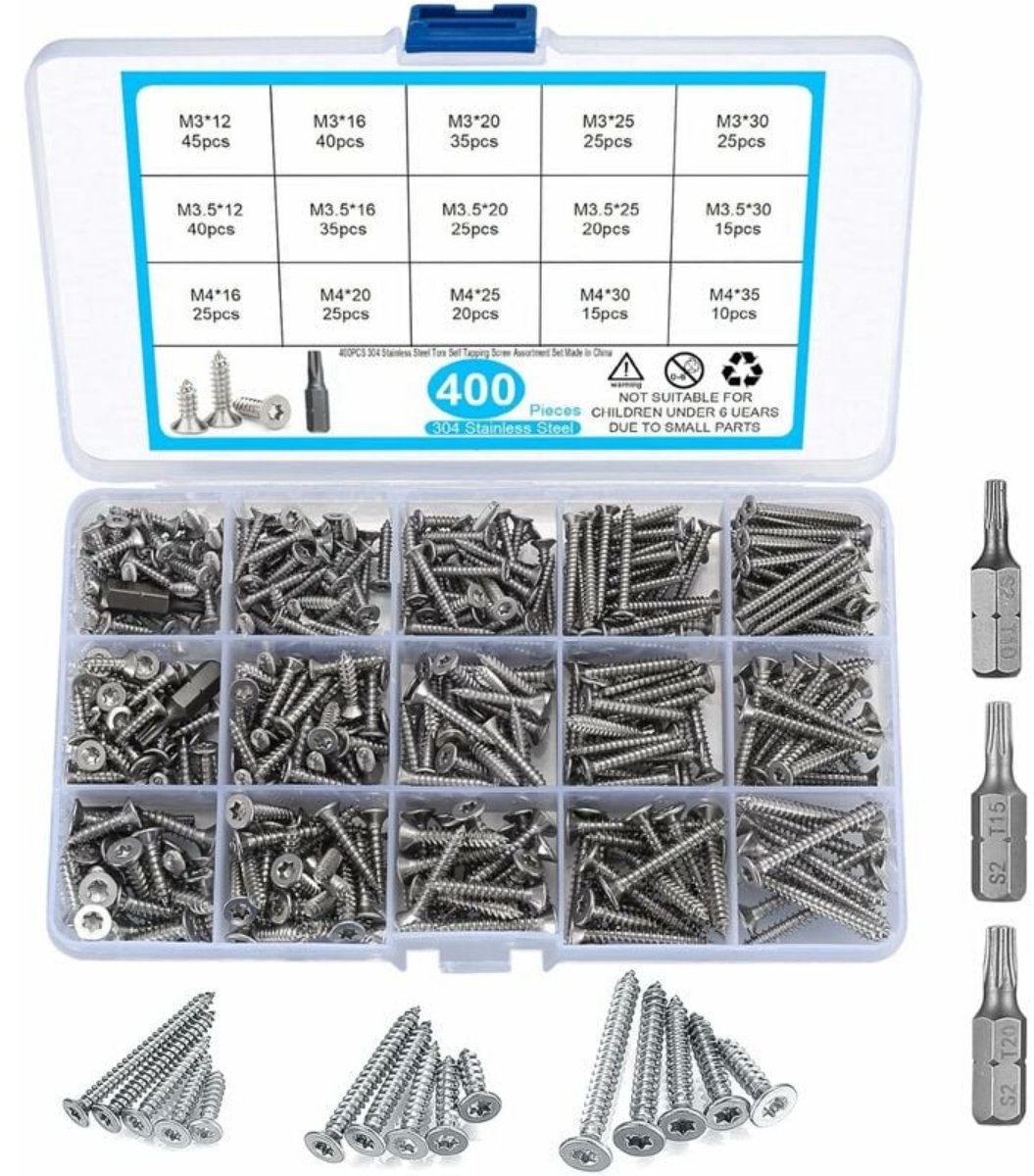 EXCITAT Zelftappende schroeven - Schroevenset - Roestvrij staal - met boor - M3/M3.5/M4 - 12mm/16mm/20mm/25mm/30mm/35mm - Zilver - 400 stuks