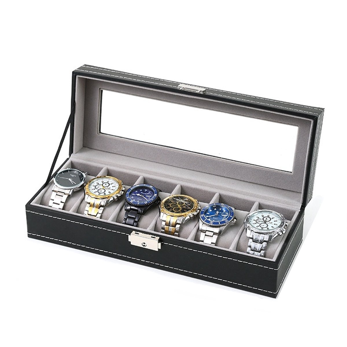 horloge doos- Horlogebox met 6 vakken - Horlogekast met glazen deksel - Horlogestandaard van PU-leer met fluwelen kussen - Horloge-opbergdoos voor mannen en vrouwen - Verjaardag - Cadeau-idee voor Vaderdag (zwart - 30*11*8)