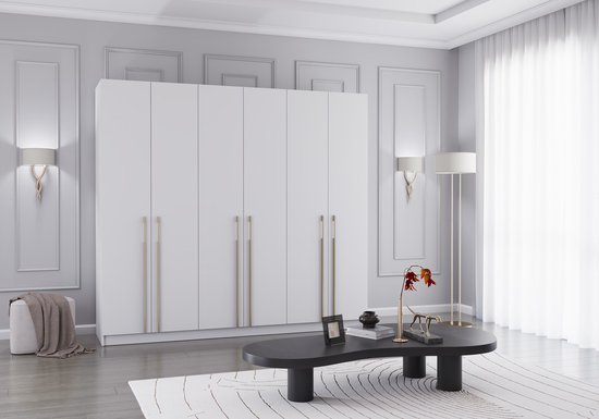 Armoire à portes tournantes Glamy 6D - Wit, Armoire moderne à 6 portes avec beaucoup d'espace de rangement, étagères - idéale pour chambre, dressing ou chambre d'adolescent, armoire à portes tournantes