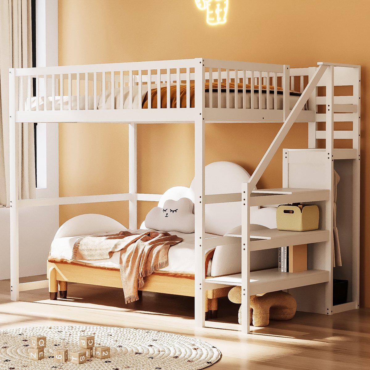 VVBV 140x200 cm hoogslaper met trap - kinderbed met opbergplank en enkele kledingkast - massief hout + MDF - wit(matras niet inbegrepen)