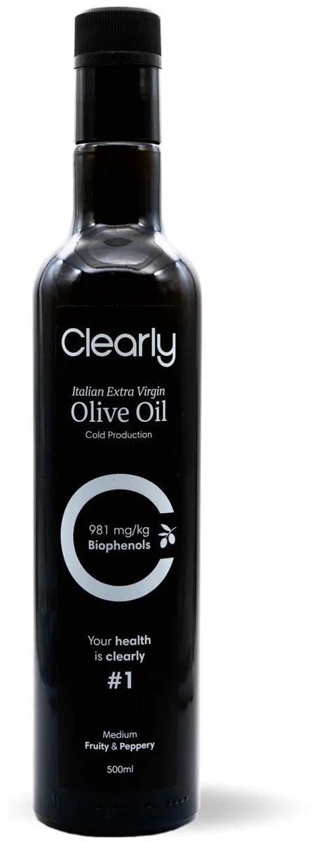 Clearly Olijfolie Extra Vierge – Warm en Koud Gebruik - Rijk aan Polyfenolen – Handgeplukt uit Puglia Italië – 100% Puur & Koudgeperst - Voor Koken, Bakken, Salades of Topping - Fles 500ml