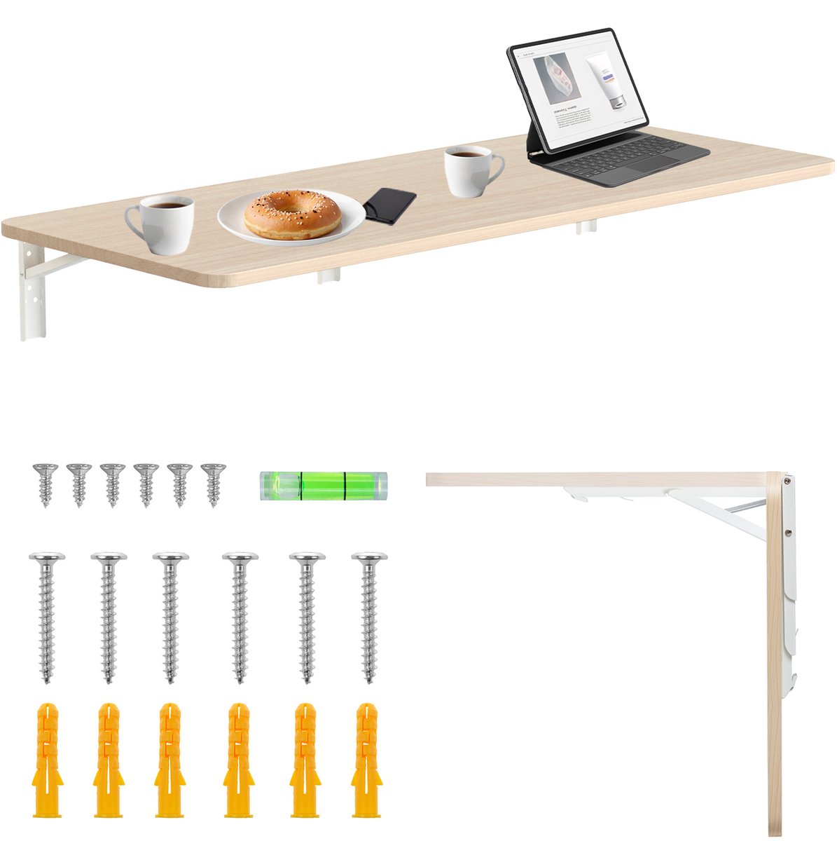 Maclean - Inklapbare plank / bureau - opklapbaar - 100x40 cm, max 50 kg, MC-128 WD - licht houtkleur en wit