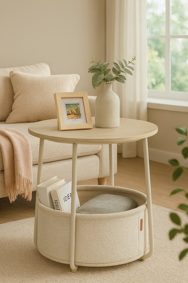 Bobbel Home - Ronde salontafel - Bijzettafel - Met stoffen mand - Opbergruimte - Moderne tafel, Crèmewit