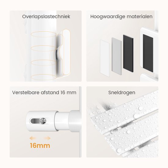 Details van de handdoekradiator: overlapslas, hoogwaardige materialen, verstelbare afstand 16mm, snel drogen met waterdruppels.