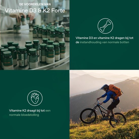 Collage: flesjes in lab, fietsend persoon in bergen, iconen van botten en bloedstolling.