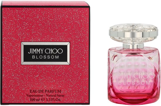 Jimmy Choo Blossom Eau de Parfum 100 ml, rode sprankelende doos en glazen fles.