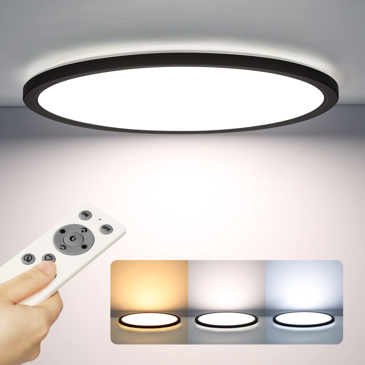 Epochaglo LED Plafondlamp Rond Zwart – 24W, 2400 lm, Dimbaar, Afstandsbediening, 3000K-6000K – Modern Ultra Plat – Voor Slaapkamer, Woonkamer, Badkamer