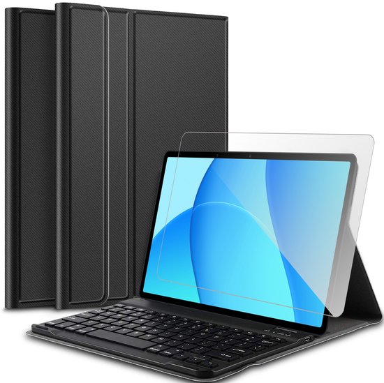 Zwart koolstofvezel patroon tablethoes met toetsenbord en screenprotector.