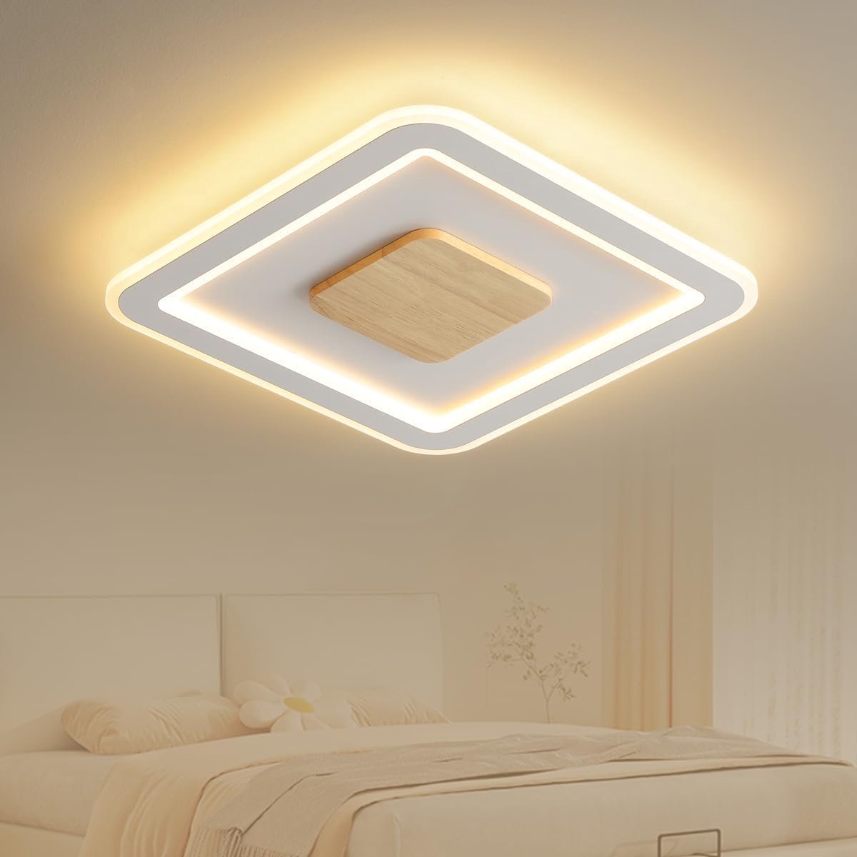 Epochglo Houten Plafondlamp LED, Vierkant, 24 W, 1680 lm, Warm Wit 3000 K, Plat Ontwerp, 30 × 30 cm, Modern Stijl