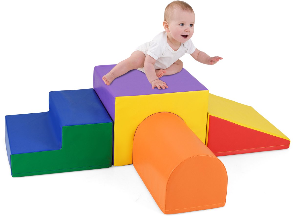 COSTWAY 4-delige schuimbouwstenen, zachte bouwstenen om te klimmen en ravotten, reuzenbouwstenen van schuim, grote bouwstenen voor binnen voor baby's en peuters