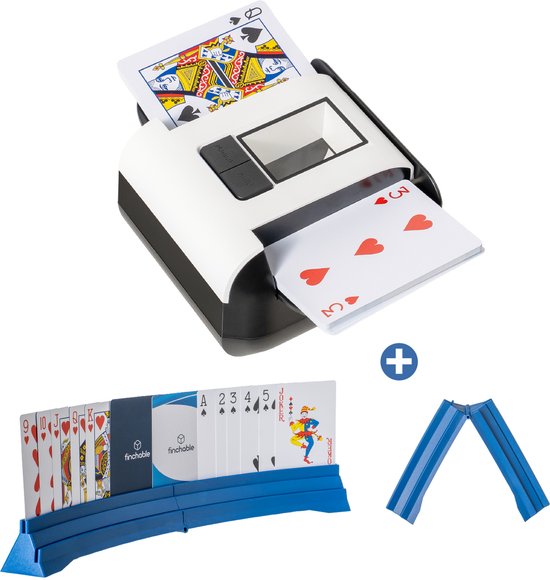 Witte en zwarte automatische kaartenschudmachine met blauwe kaarthouder en kaarten.