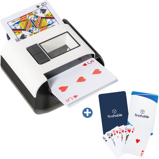 Witte kaartenschudmachine met zwarte details, schudt een speelkaart en toont een joker. Inclusief een stapel kaarten met harten en een stapel Finchable kaarten.