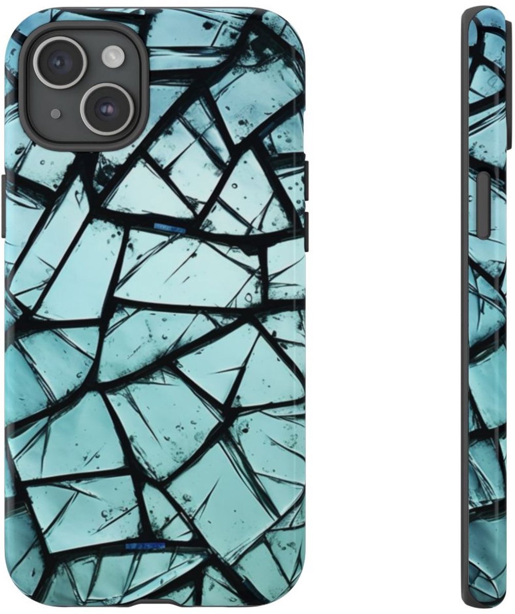Blauw Gebroken Glaspatroon – Telefoonhoesje Geschikt voor iPhone 15 Plus